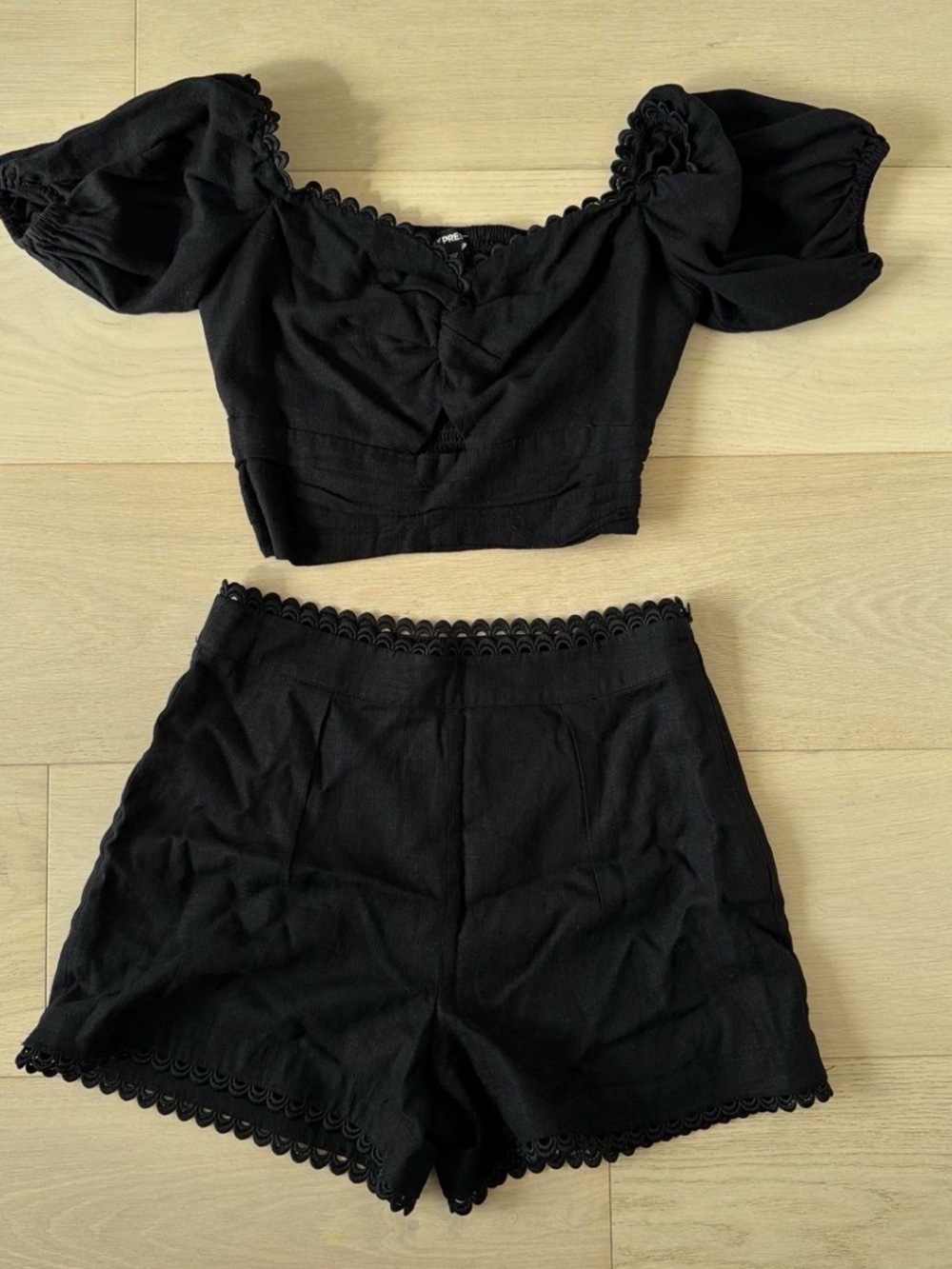 Express Black Scalloped Trim Crop Top and Shorts Set